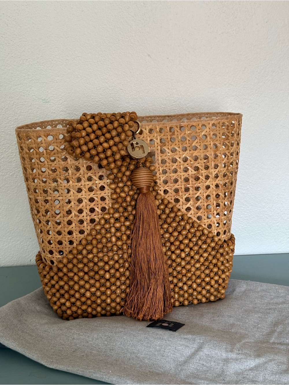 Rosantica bag Beaded Tassel Straw Tote - tan